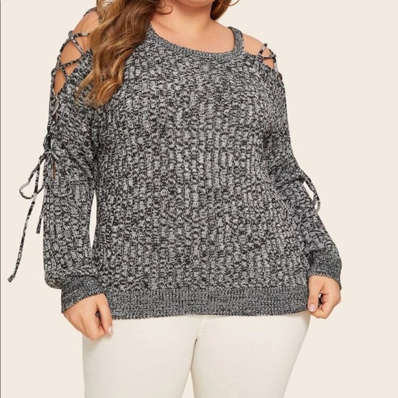 The Chic Petunia Sweaters - Plus black white lace up sleeve marled sweater